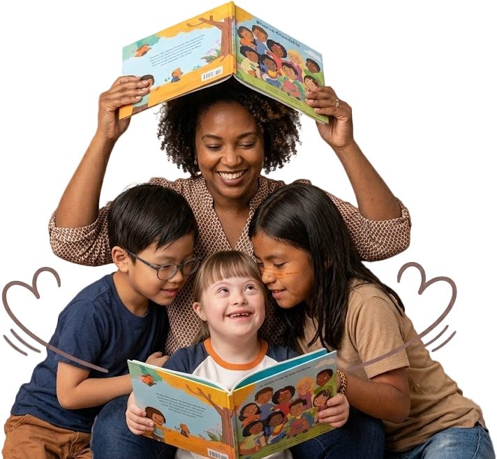 Professora e crianças de diferentes origens lendo livros juntas